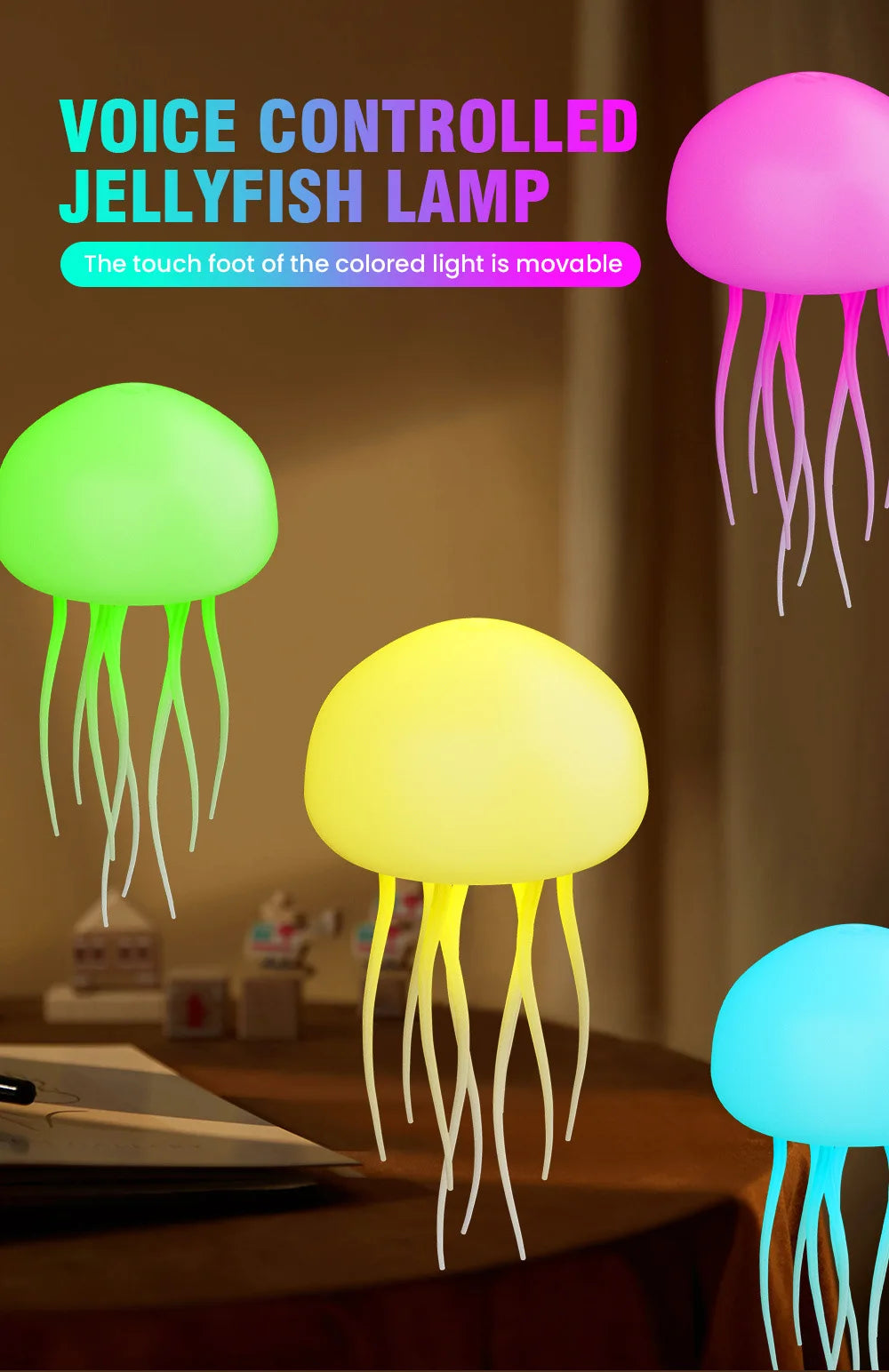 Jellyfish Cartoon LED Night Light RBG, Voice Controlled, Rotating Room Decor