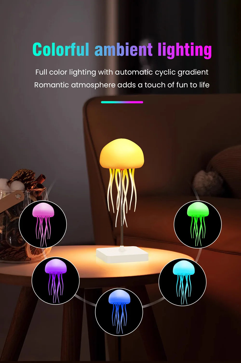 Jellyfish Cartoon LED Night Light RBG, Voice Controlled, Rotating Room Decor